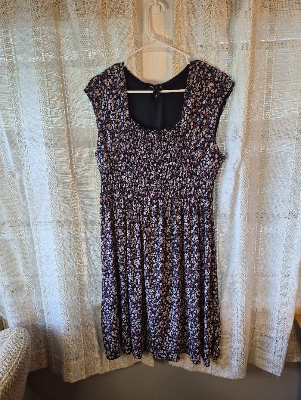 Perceptions Navy Blue Floral Smocked Midi Dress Pink and White Blooms Size XL